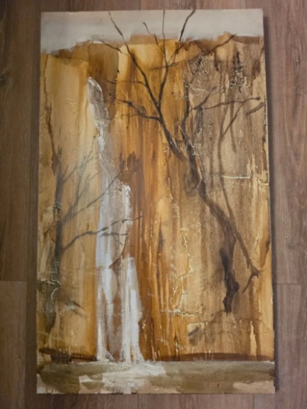 T. Alma Abstract Waterfall Painting Earth Tones Wood Frame 29x18 Vintage 1977